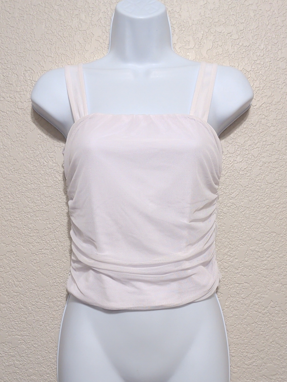 Antistar white mesh ruched cropped sleeveless tank top